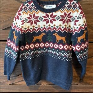 Old Navy Kids Festive Sweater with yellow labs and Christmas trees